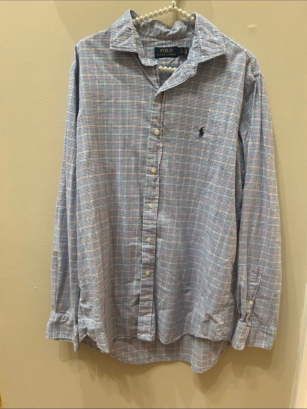 Polo Ralph Lauren Large L Spread Collar Blue Plaid Long Sleeve Button Shirt